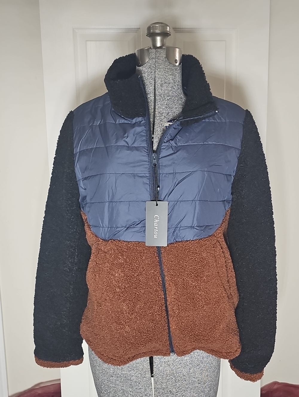 Chartou Colorblock Sherpa Quilted Puffer Jacket NWT Blue Rust Black Size M